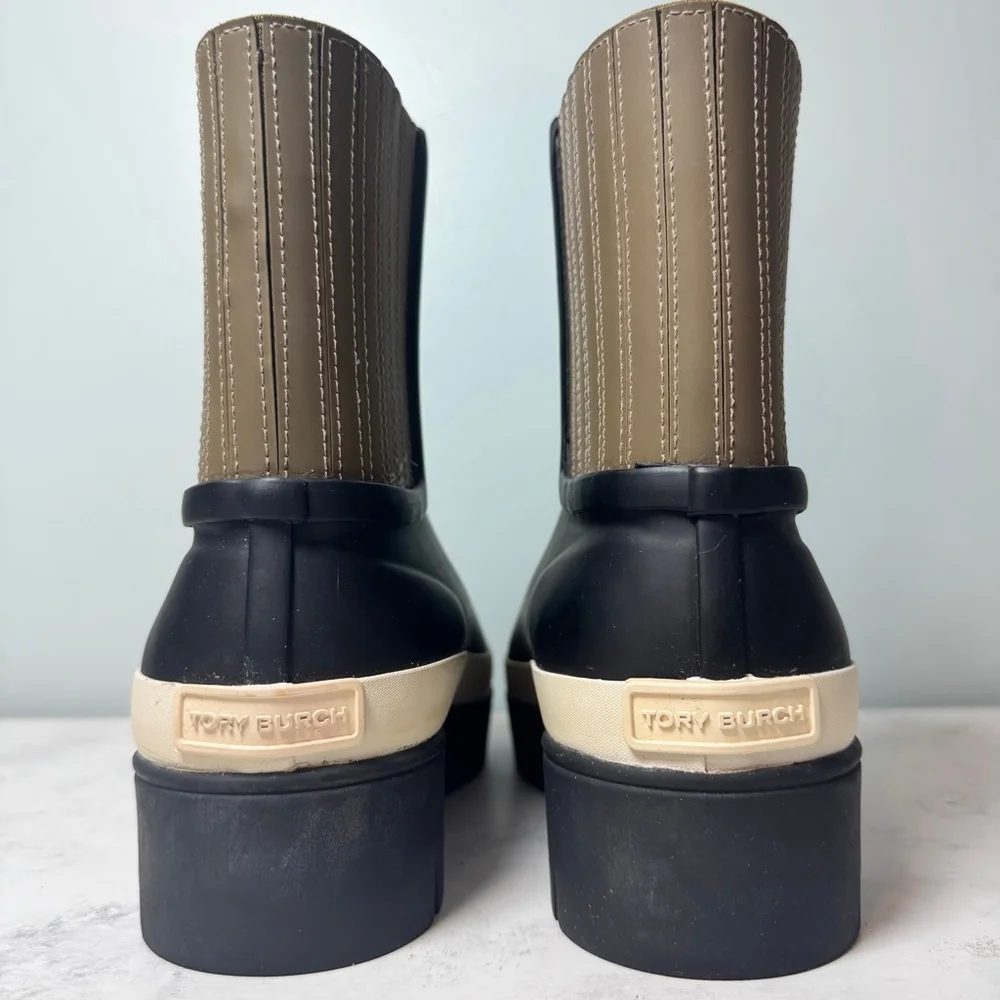 NEW Tory Burch Hurricane Rain Boots Size 7 Black White Olive Green Wellington